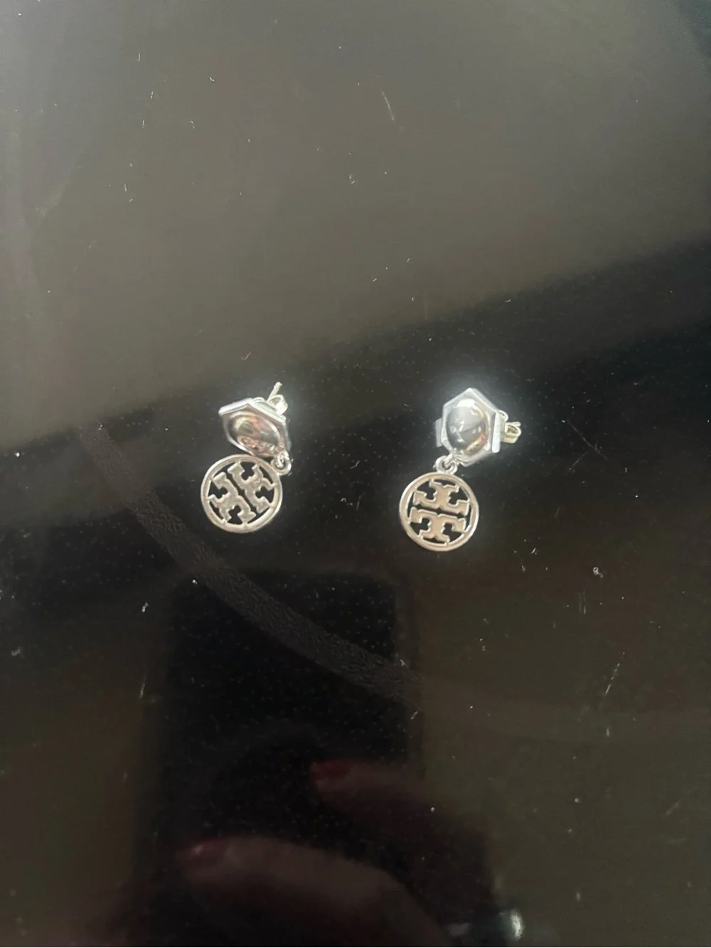 Tory Burch Silver Logo Drop Stud Earrings - Silver Tone